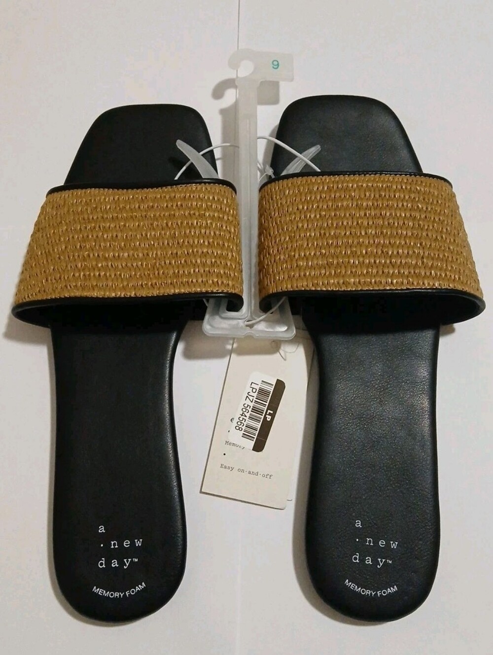 A New Day Black Tan Boho Raffia Slide Sandals Slippers Size 9 NWT